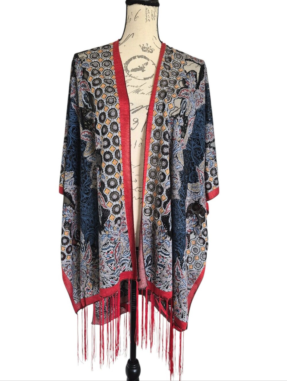Origami by Vivian Burnout Boho Paisley Fringe Open Kimono Duster Cover Up